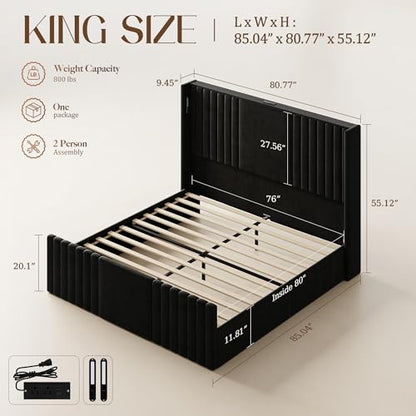 55" Tall King Size Platform Bed Frame with 2 Reading Lights, Black, view 3