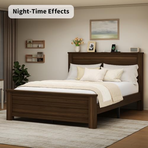 Wooden Platform Full Bed Frame with Charg3 Station, Thick Headboard, Brown, view 8
