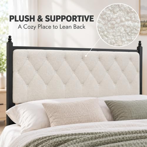 Queen Upholstered Platform Bed Frame with Tufted Headboard, Beige Black, view 6