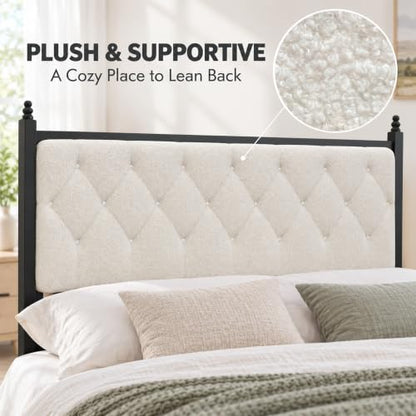 Queen Upholstered Platform Bed Frame with Tufted Headboard, Beige Black, view 6