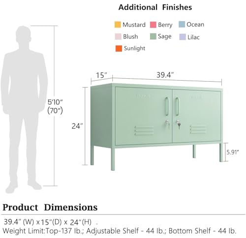 Green 2-Door Wide Lockable Metal Storage Cabinet, TV Stand & Media Console, view 4
