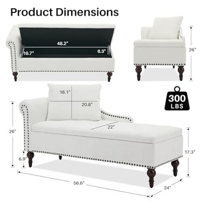 Velvet Chaise Lounge with Storage & Left Armrest, White, view 4