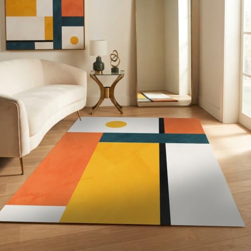 Mustard Yellow Terracotta Teal Bauhaus Color Block Abstract Mid Century Modern Area Rug 2x6 Boho Rug for Living Room Dining Room Bedroom Gustroom Home Office Dorm Apartment Washable Low Pile Carpet