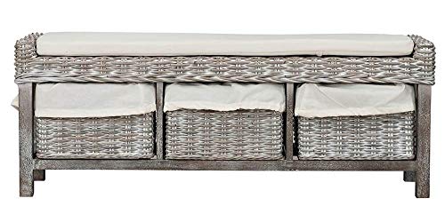 Safavieh FOX6537A Home Collection Kobutsu Rattan Storage Bench, White/Grey Wash