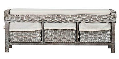 Safavieh FOX6537A Home Collection Kobutsu Rattan Storage Bench, White/Grey Wash