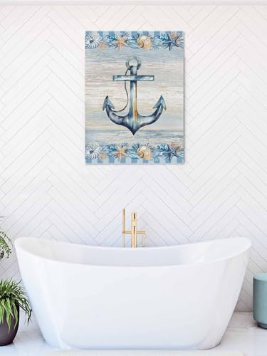 NuYeBiofx Nautical Anchor Starfish Shell Conch Canvas Wall Art Prints,48"x32" Framed Picture Artwork Ocean Blue Checkered Printed Canvas Oil Painting for Living Room Bedroom Office,Ready to Hang