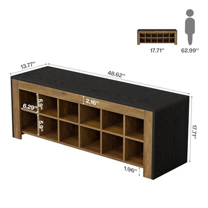 48-inch Farmhouse Entryway Bench, Wooden Shoe Storage Bench with 12 Cubbies & Compartments, Shoe Rack Organizer, Freestanding Shoe Cabinet for Hallway, Mudroom, Cloakroom, Bedroom