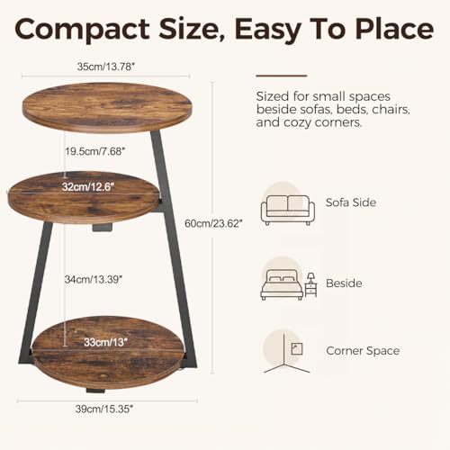 Small Round Side Table, 3-Tier End Table with Storage Shelves | Small End Table, Nightstand with Metal Frame, Vintage Accent Table for Small Spaces with Storage Shelf, Living Room, Bedroom