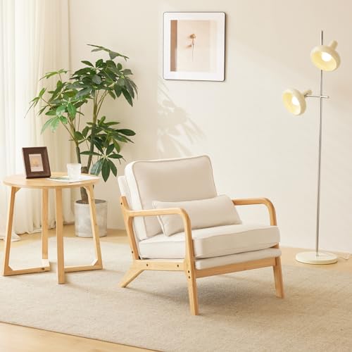 Bonnlo Coarse Beige Accent Chairs Set of 2, Upholstered Mid Century Modern Lounge Fabric Chairs Reading Chairs Side Sitting Chair Solid Wood Farmhouse Armchairs for Living Room, Bedroom, Guest Room