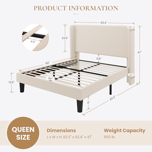 Queen Corduroy Platform Bed with Tufted Wingback Headboard/Cream, view 4