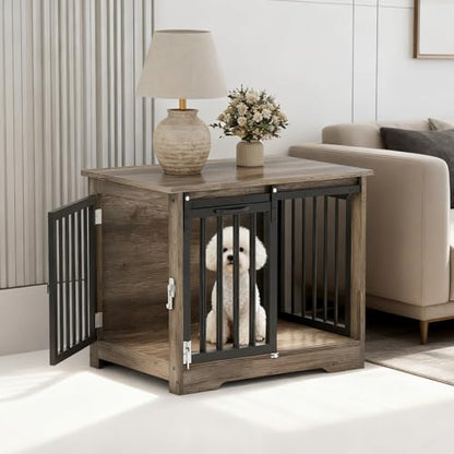 Dog Crate Furniture with Barn Door, Heavy Duty Kennel End Table, Gray Black, view 7