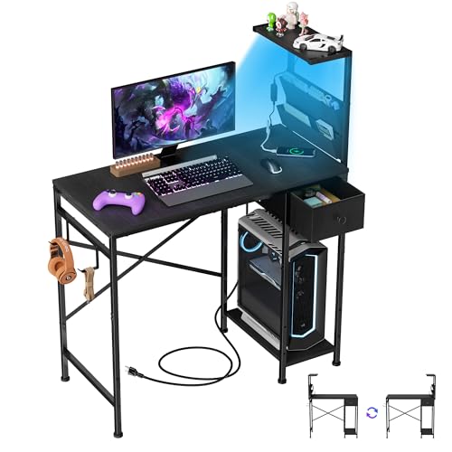 33.7 Inch Small Gaming Desk Table with LED Lights & Power Outlets, view 2