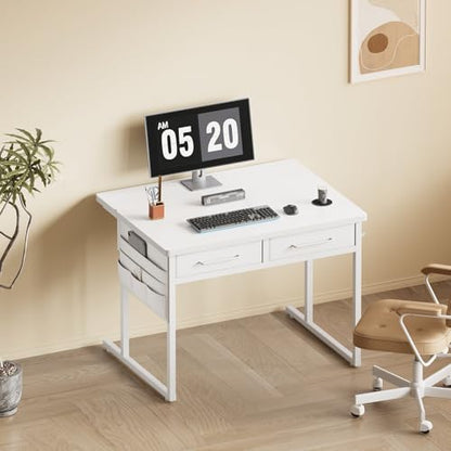 Small desk with Drawers, 31.5X15.8-22.9 Inches Office Computer Desk with Side Pocket & Ergonomic Adjustable Monitor Stand, Writing Table for Small Spaces, Kids desk, vanity desk Bedroom, White