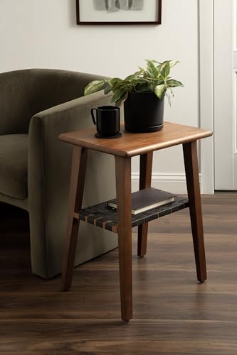 Woebeck Modern Rectangle Wood Side Table, 18 x 14 x 25, Walnut Brown and Black, Transitional Two-Tier End Table with Vegan Leather Shelf for Bedroom Nightstand or Living Room Accent