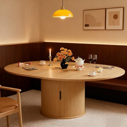 Extendable Round Dining Table for 2-4-6, 59 Inch Dining Room Kitchen Table with 2-Tier Storage Shelf, Modern Farmhouse Fluted Wood Slide Door Dinner Furniture,Oval Circle,Oak