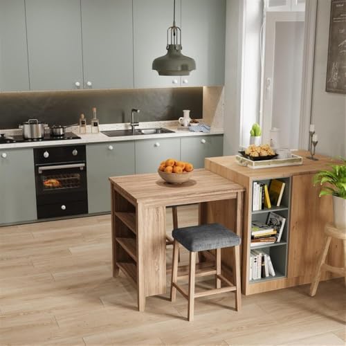 Lilola Home Dawson 36-inch Oak Finish 3-Piece Counter Height Table Set, Built-in Storage Shelves and 2 Linen-Upholstered Stools — Space-Saving Dining Set for Kitchen, Apartments, and Breakfast Nooks