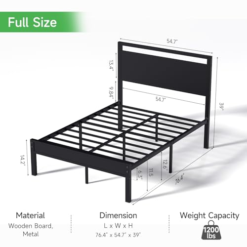 Full Bed Frame with Wooden Headboard & Footboard,Metal Platform Bed, view 3
