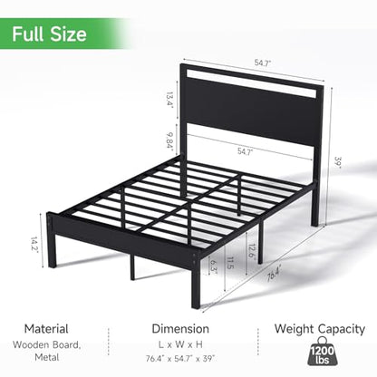 Full Bed Frame with Wooden Headboard & Footboard,Metal Platform Bed, view 3