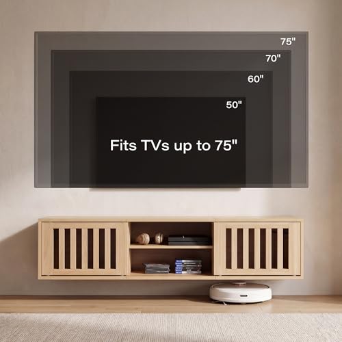 58" Floating TV Stand Wall Mounted with Power Outlet, Natural, view 6