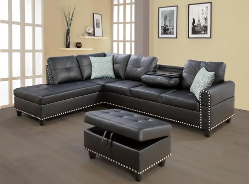 Sectional Sofa Couch, Modern 4-Seaters Living Room Furniture Sets with Chaise Lounge, Ottoman & 2 Pillows | L Shape Couch | Cup Holder | Faux PU Leather, Black