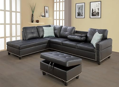 Sectional Sofa Couch, Modern 4-Seaters Living Room Furniture Sets with Chaise Lounge, Ottoman & 2 Pillows | L Shape Couch | Cup Holder | Faux PU Leather, Black