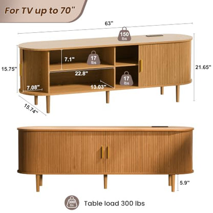 63 Inch Mid Century Modern TV Stand with Power Outlet for TVs up to 70 Inch, view 3