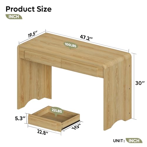 47" Computer Desk with 2 Drawers, Modern Wood Writing Desks, Oak, view 3