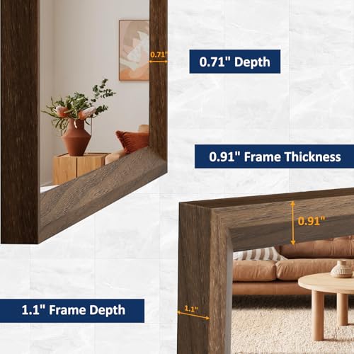 Walnut Bathroom Mirror 24x36 Inch, Walnut Wood Grain Framed Mirror, Rectangle Wall Mounted Bathroom Vanity Mirror with Tempered Glass, Hangs Vertically or Horizontally, Anti-Rust