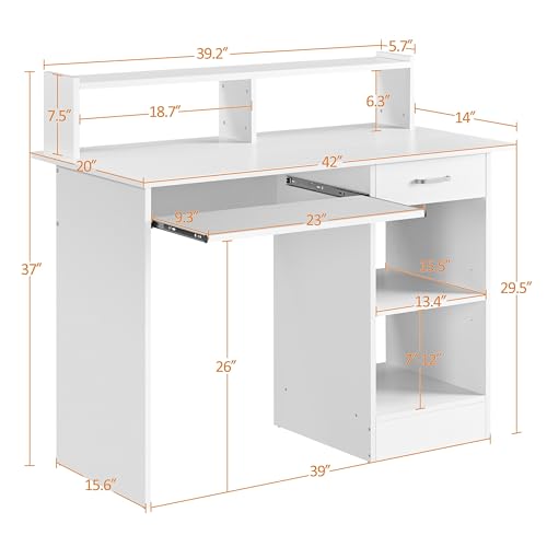 Computer Desk with Keyboard Tray, Drawers, and Shelves, White, view 4