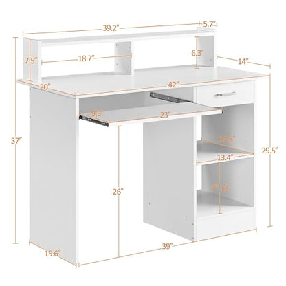 Computer Desk with Keyboard Tray, Drawers, and Shelves, White, view 4