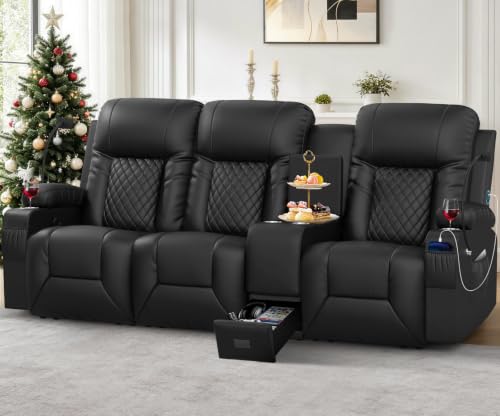 3 Seat Recliner Sofa, Large Reclining Sofa with Storage Console, Manual Reclining Chair with USB Ports, 2 Cell Phone Holder, 3 Seater Loveseat Recliner Couch for Living Room