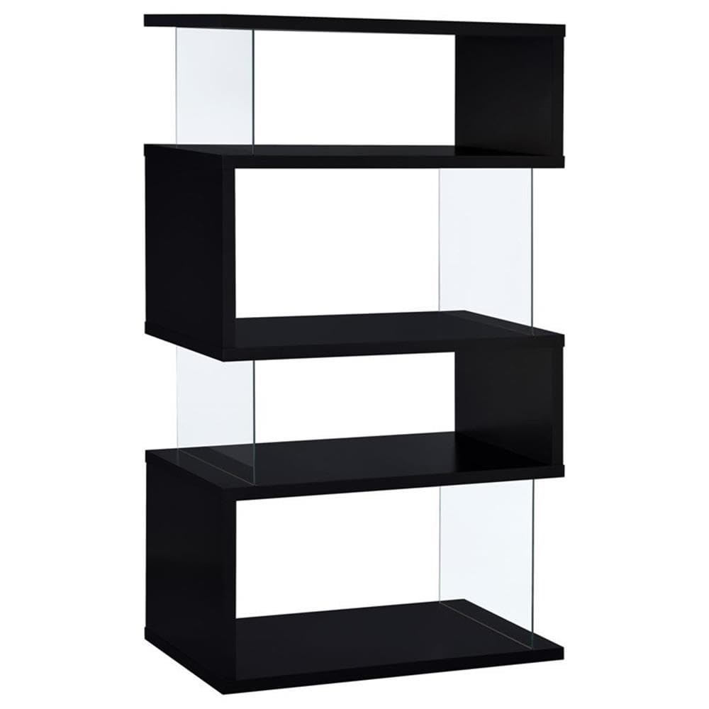 4-Shelf Contemporary Wood Bookcase, Black Finish, Glass Side Panels, Zigzag Design, 63 in H x 35.5 in W x 15.5 in D, Modern Storage for Home Office or Living Room