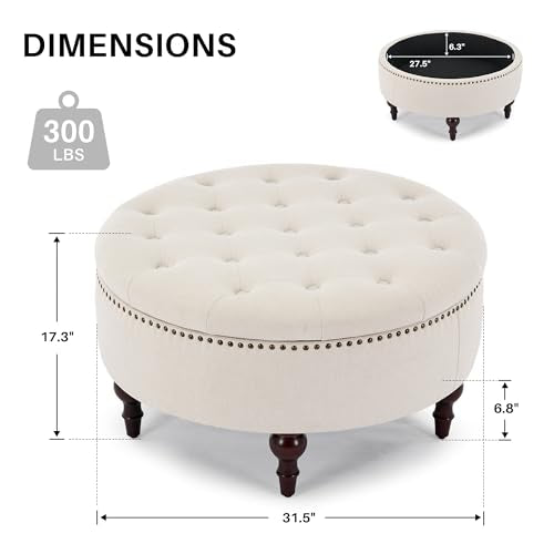 31.5" Large Round Storage Ottoman, Upholstered Tufted Linen Ottoman Coffee Table, Large Footrest with Solid Wooden Legs and Nailheads, Side Table for Living Room Bedroom Office, Beige