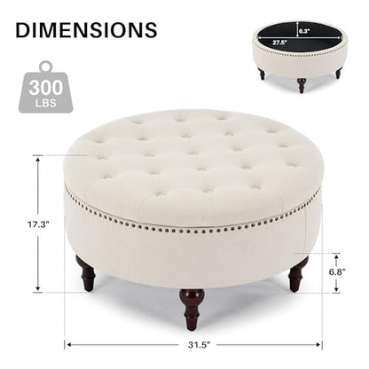 31.5" Large Round Storage Ottoman, Upholstered Tufted Linen Ottoman Coffee Table, Large Footrest with Solid Wooden Legs and Nailheads, Side Table for Living Room Bedroom Office, Beige