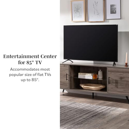 Saxon Mid Century Modern 2 Door Glass Shelf TV Stand for TVs up to 80 Inches, 70 Inch, Grey