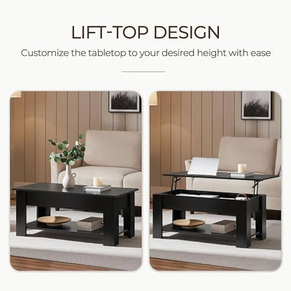 Yaheetech Wooden Coffee Table, Lift Top Coffee Table with Large Hidden Storage Shelf, Lift Tabletop Dining Tables for Living Room, Home Small Space, 38.6in, Black