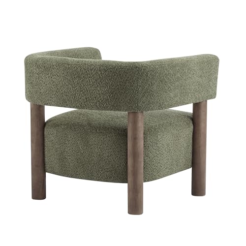Carly Low Profile Accent Chair, Round Backrest Side Chair, Living Room Armchair with Boucle Fabric Cushion,Comfy Reading Chair for Bedroom,Wooden Single Lounge Sofa,Olive Green
