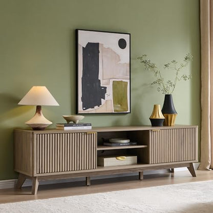 70" Mid Century Modern Fluted TV Stand w/ 2 Soft Close Door, Alder Grey, view 2