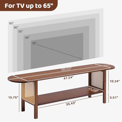 Bamboo TV Stand with Storage for TVs up to 65", Modern Entertainment Center with Rattan Side, Accent TV Table with 2 Shelf, Media Console TV Stand for Living Room, Bedroom, Walnut