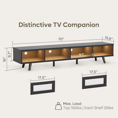 Mid Century Modern 75 Inch LED TV Stand with Sliding Doors, Black, view 3