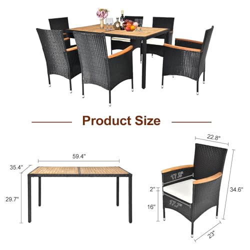 7 Pieces Patio Dining Set, Wicker Outdoor Dining Set for 6 Patio Furniture Set with Acacia Wood Table Outdoor Table and Chairs for Garden and Yard