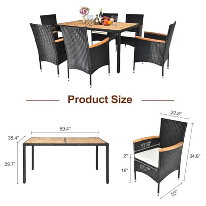 7 Pieces Patio Dining Set, Wicker Outdoor Dining Set for 6 Patio Furniture Set with Acacia Wood Table Outdoor Table and Chairs for Garden and Yard