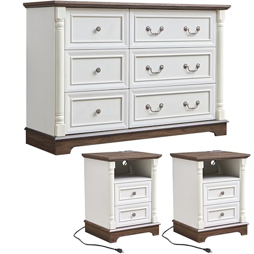 3PC Farmhouse Dresser and Nightstand Sets for Bedroom, Including 6 Drawer Dresser & 2 Drawer Night Stand Set of 2 with USB,Antique White