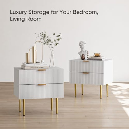 White Nightstand for Bedroom, Fluted Night Stand, End Table for Living Room, Mid Century Modern Bedside Table with Drawers, Bed Side Table with Gold Metal Legs, Bedroom Furniture Stripe