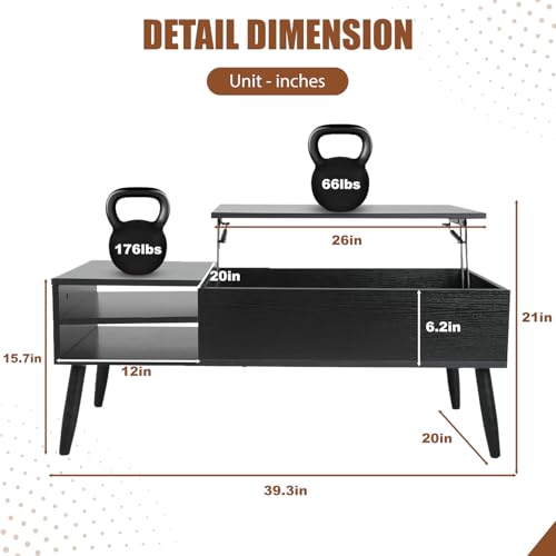 NChanmar Coffee Table for Living Room, Lift Top Coffee Table with Adjustable Storage and Hidden Compartment, Wood Center Table, Living Room Furniture for Home, Office-Black