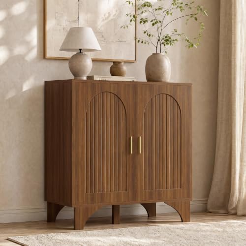 Mid Century Modern Buffet Cabinet Arched Doors Walnut Storage Sideboard, view 2
