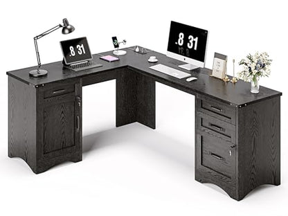 L Shaped Farmhouse Executive Desk with Drawers, 67" Home Office Desks with Fast Charging Station, Lockable File Cabinet, Wood Writing Computer Desk for Work, Study, Black