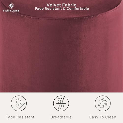 ® 19” Wentworth Ottoman Round Soft Velvet Bench, Stationary Ottomans, Backless Chair, Footrest for Living Room, Footstool Office, Bedroom, Padded Seat, Plum