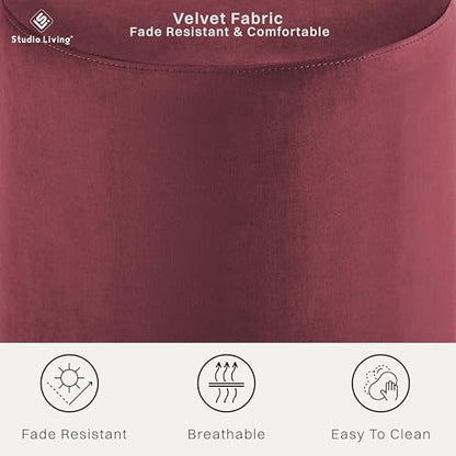® 19” Wentworth Ottoman Round Soft Velvet Bench, Stationary Ottomans, Backless Chair, Footrest for Living Room, Footstool Office, Bedroom, Padded Seat, Plum