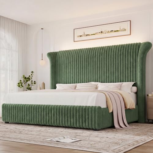 Queen Faux-Fur Upholstered Bed Frame with 54" Channeled Wingback Headboard, view 2